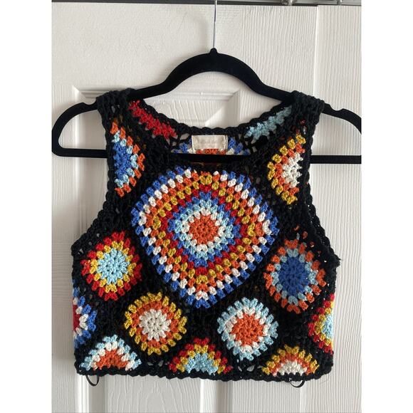 Altar'd State Womens Small Black Knit Granny Square Cropped Top - Picture 1 of 6